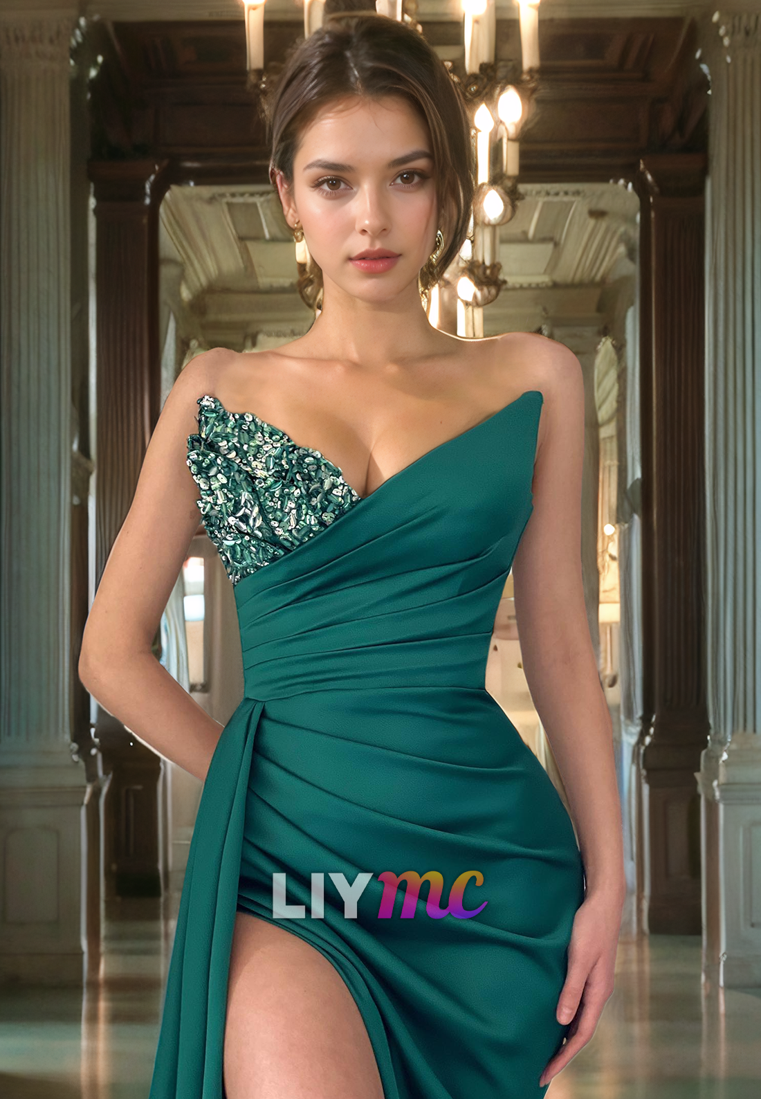 V-Neck Sleeveless Sequins Ruched High Slit Prom Dress