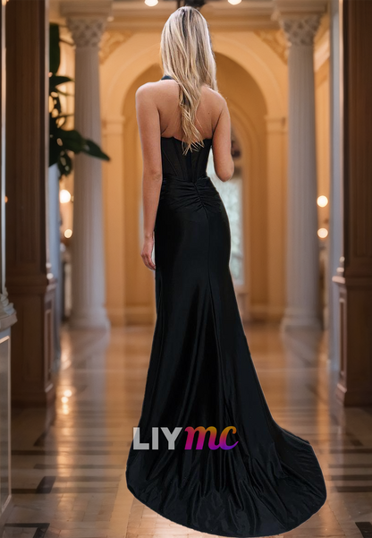 V-Neck Sleeveless Sheath Sleek Side Slit Simple Prom Dress