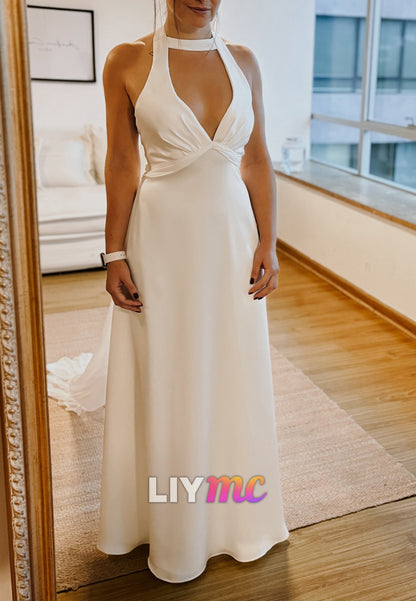 V-Neck Sleeveless Sleek A-Line Simple Beach Wedding Dress