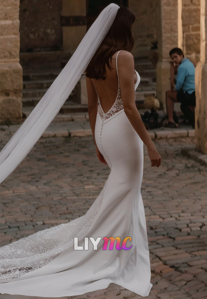 V-Neck Sleeveless Sleek Backless Mermaid Beach Wedding Dress