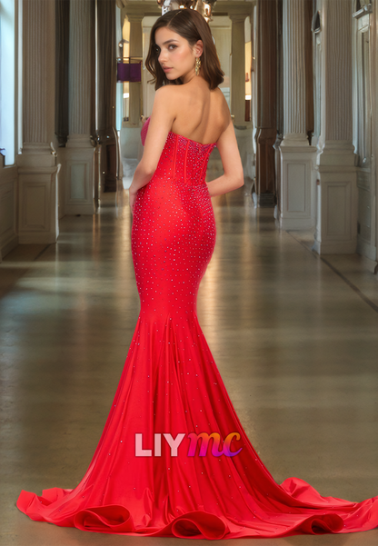 V-Neck Sleeveless Sleek Beaded Mermaid Prom Dress