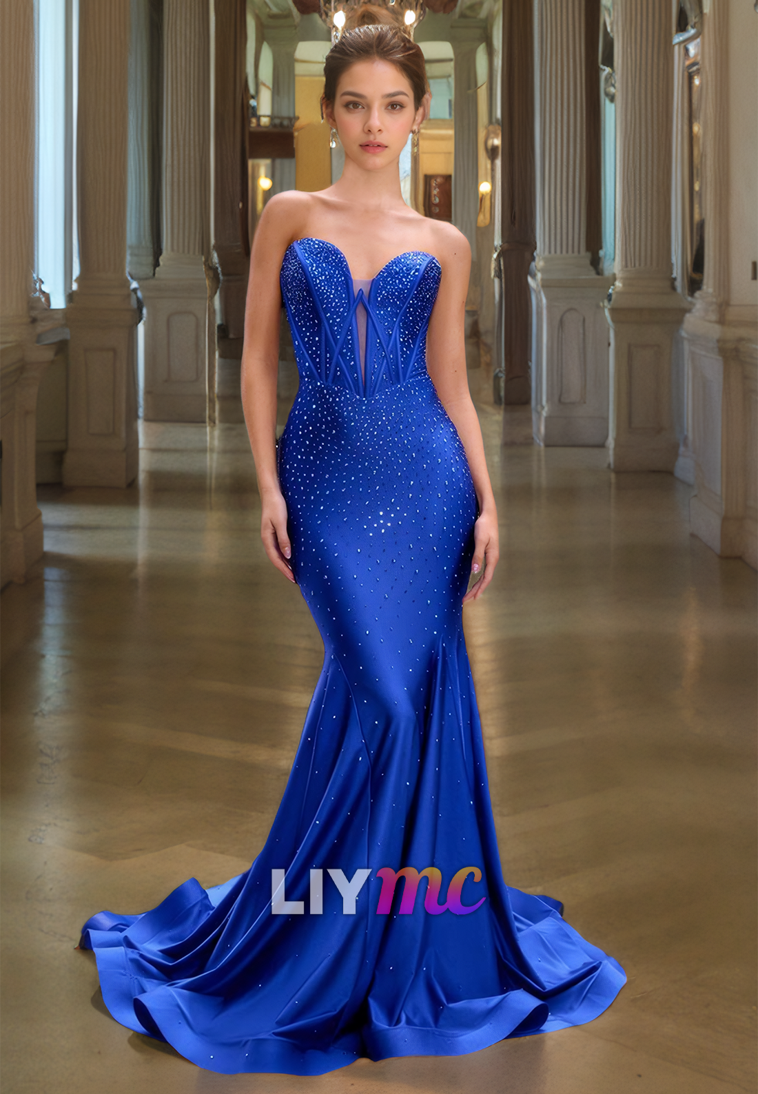 V-Neck Sleeveless Sleek Beaded Mermaid Prom Dress