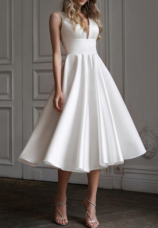 V-Neck Sleeveless Sleek Empire Waist A-Line Midi Wedding Dress