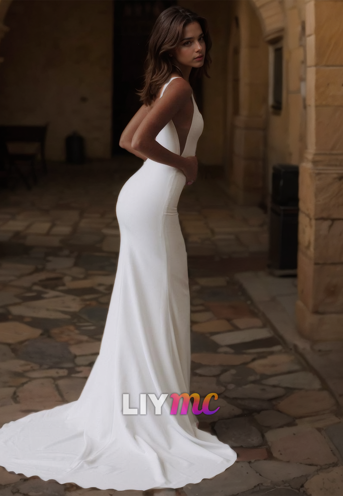 V-Neck Sleeveless Sleek Mermaid Beach Wedding Dress