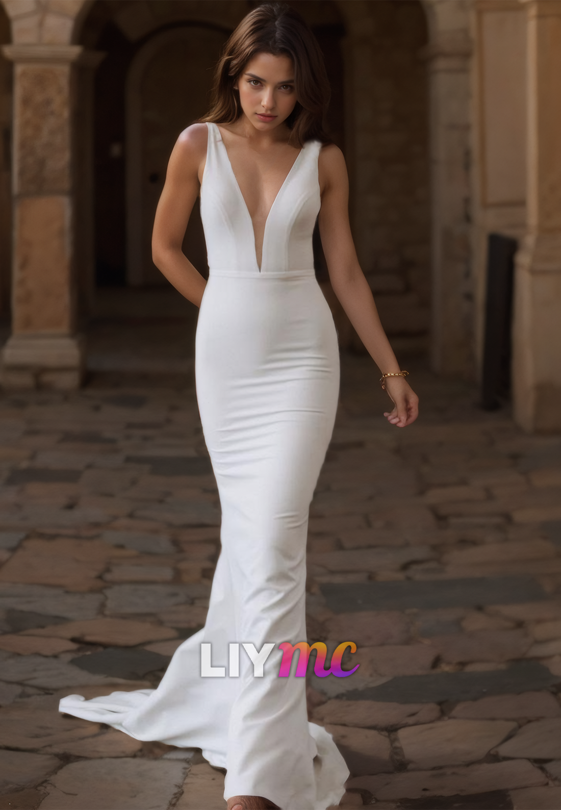 V-Neck Sleeveless Sleek Mermaid Beach Wedding Dress