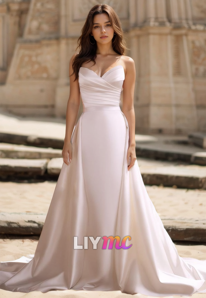 V-Neck Sleeveless Sleek Pleated Mermaid Sweep Strain Wedding Dress