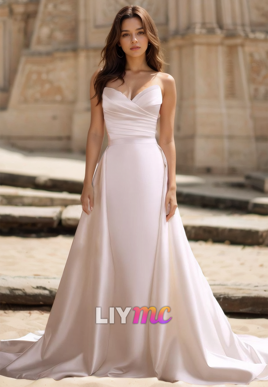 V-Neck Sleeveless Sleek Pleated Mermaid Sweep Strain Wedding Dress