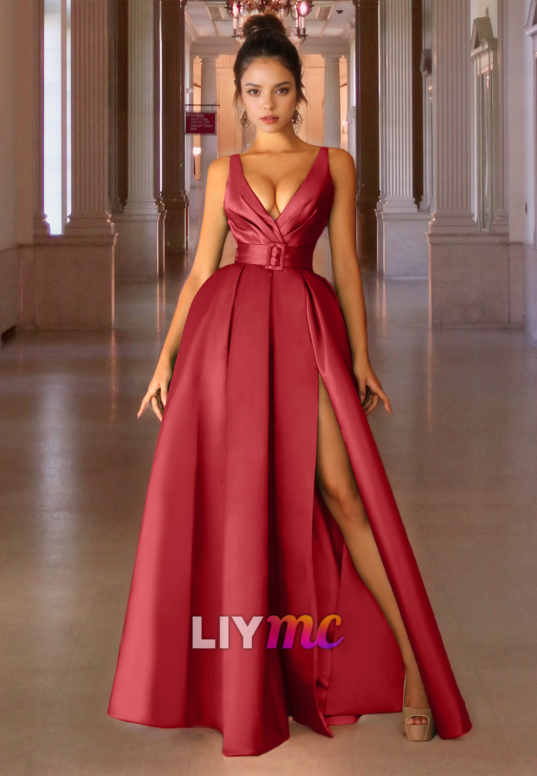 V-Neck Sleeveless Sleek Pleated Satin A-Line Simple Prom Dress