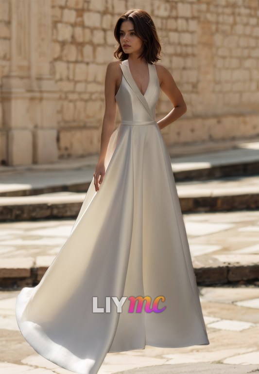 V-Neck Sleeveless Sleek Pleated Satin A-Line Simple Wedding Dress