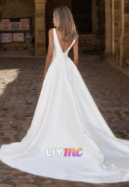 V-Neck Sleeveless Sleek Pleated Satin A-Line Wedding Dress