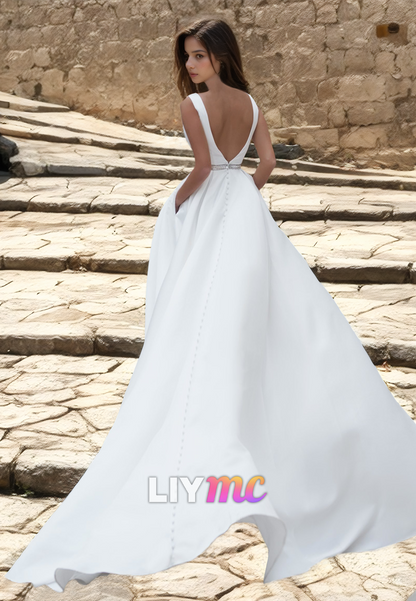 V-Neck Sleeveless Sleek Pleated Satin A-Line Wedding Dress