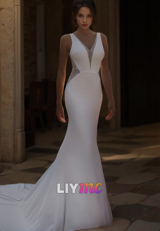 V-Neck Sleeveless Sleek Satin Beaded Mermaid Wedding Dress