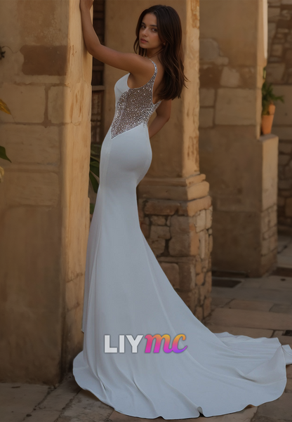 V-Neck Sleeveless Sleek Satin Beaded Mermaid Wedding Dress