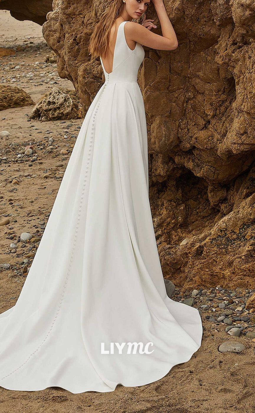 LW894 - V-Neck Sleeveless Sleek Satin High Slit Pleated Beach Wedding Dress