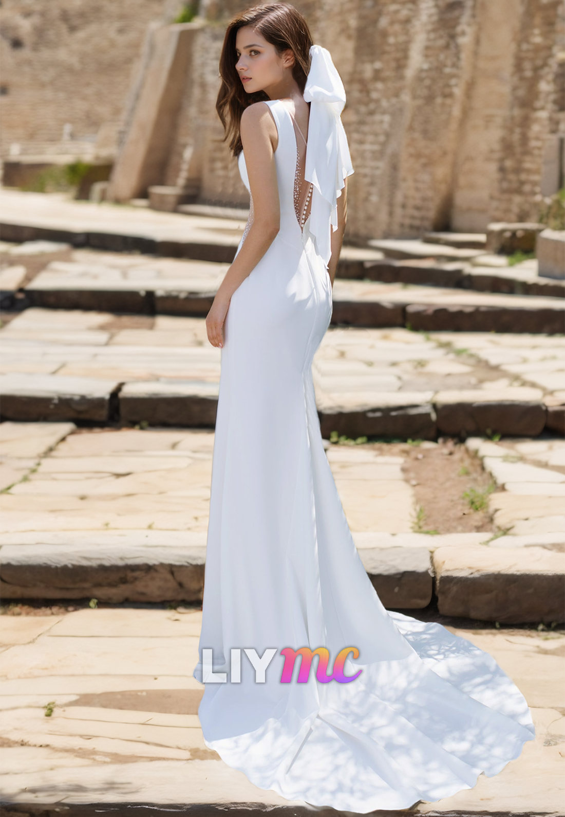 V-Neck Sleeveless Sleek Satin Mermaid Beach Wedding Dress