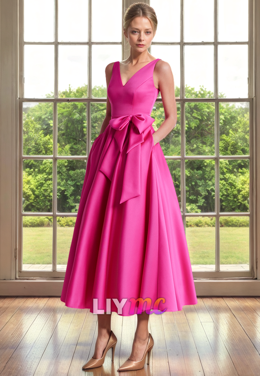 V-Neck Sleeveless Sleek Satin Pleated A-Line Mother of Bride Dress Cocktail Dress