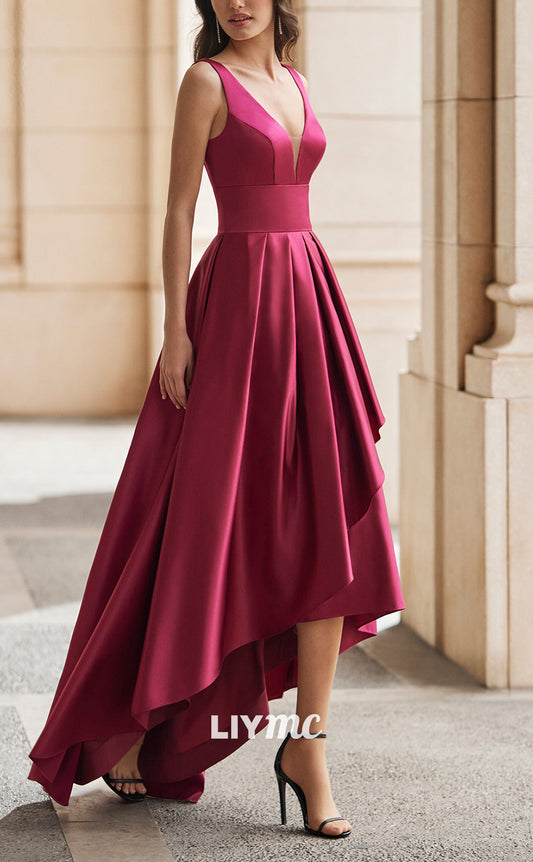 M1291 - V-Neck Sleeveless Sleek Satin Pleated A-Line Mother of Bride Dress Cocktail Dress