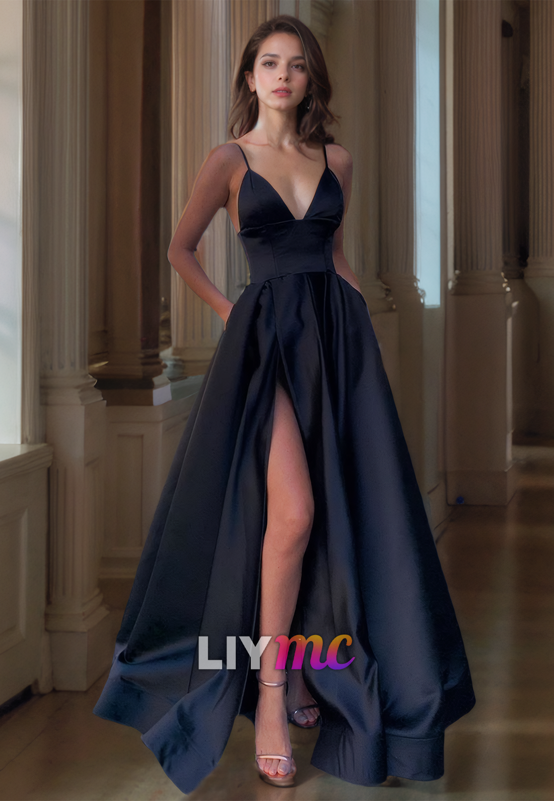 V-Neck Sleeveless Sleek Satin Pleated A-Line Prom Dress