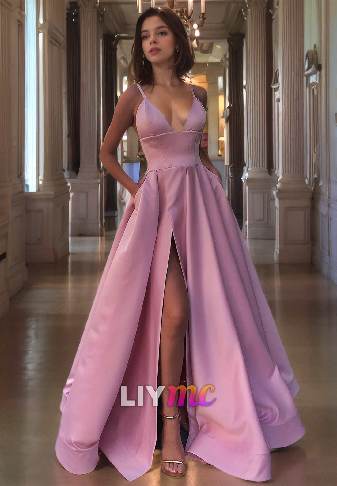 V-Neck Sleeveless Sleek Satin Pleated A-Line Prom Dress