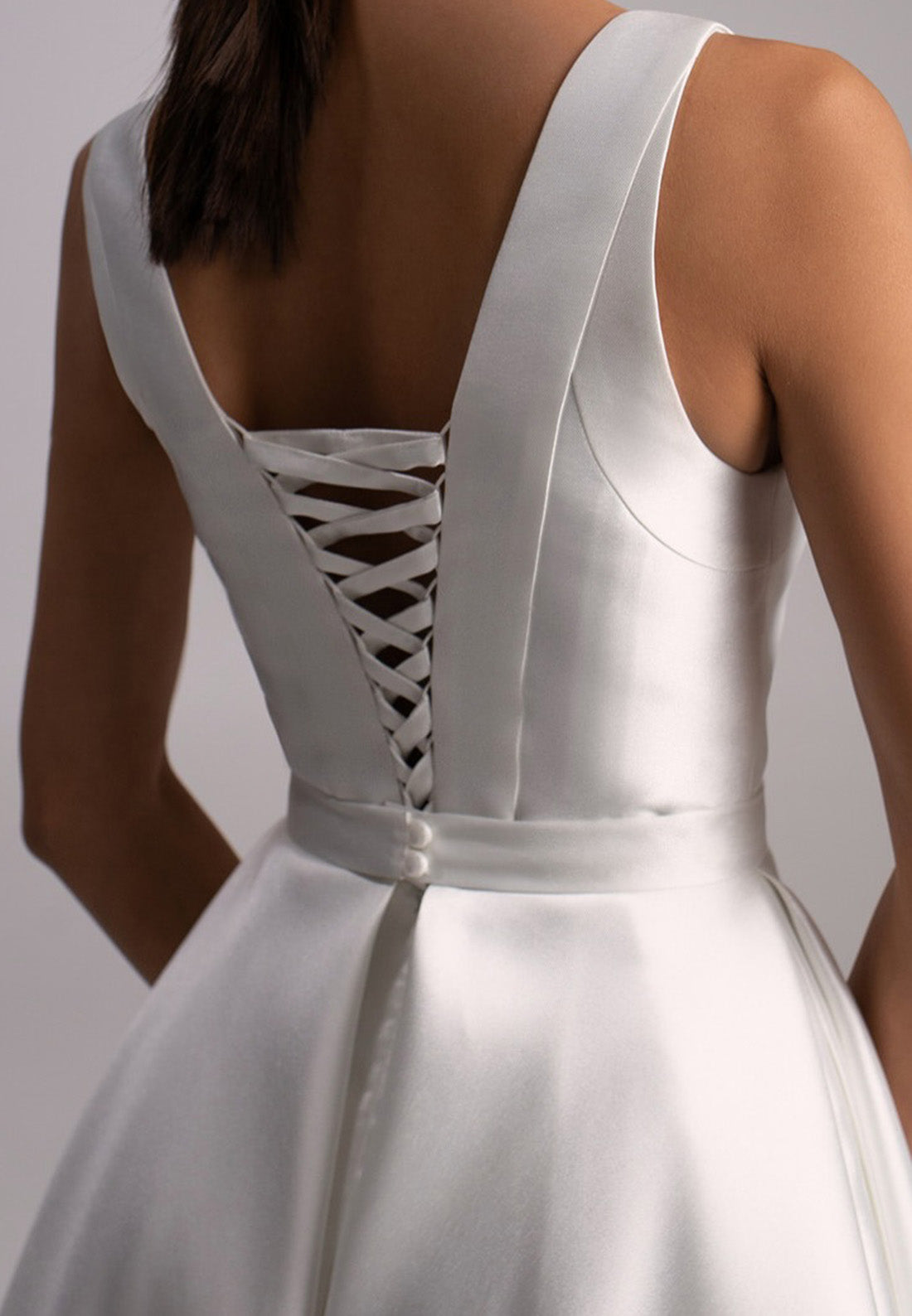 V-Neck Sleeveless Sleek Satin Simple Midi Wedding Dress
