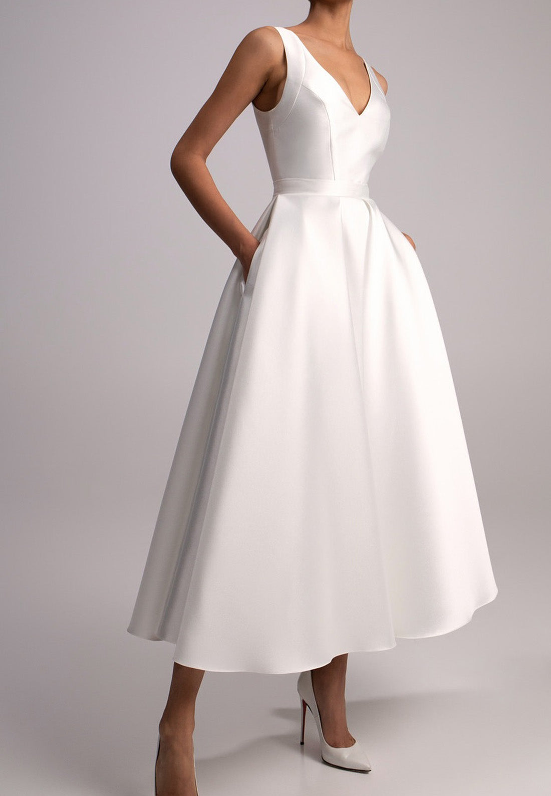 V-Neck Sleeveless Sleek Satin Simple Midi Wedding Dress