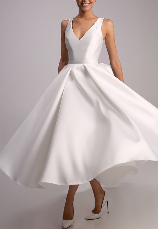 V-Neck Sleeveless Sleek Satin Simple Midi Wedding Dress