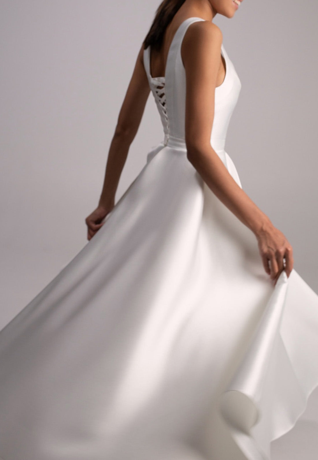 V-Neck Sleeveless Sleek Satin Simple Midi Wedding Dress
