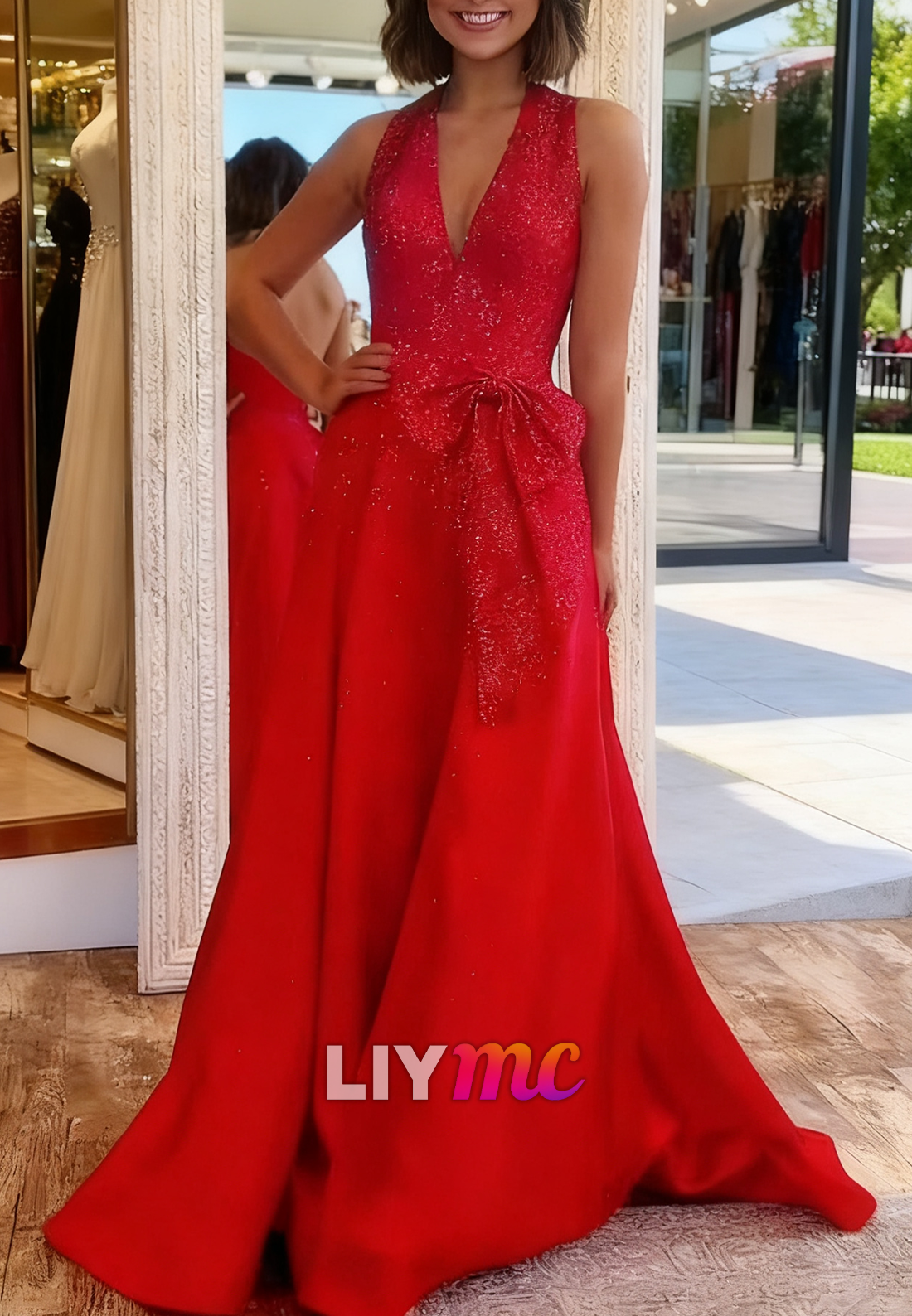 V-Neck Sleeveless Sparkly Bow A-Line Prom Dress