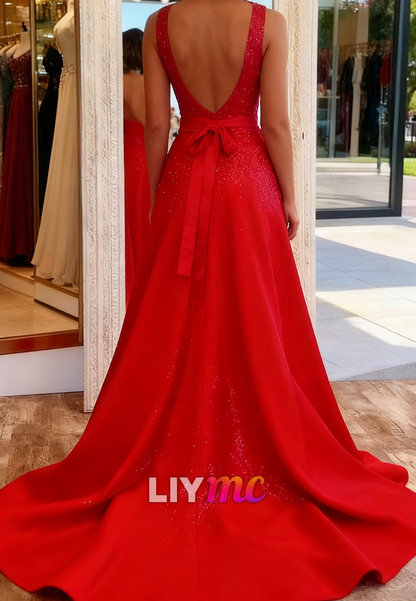 V-Neck Sleeveless Sparkly Bow A-Line Prom Dress