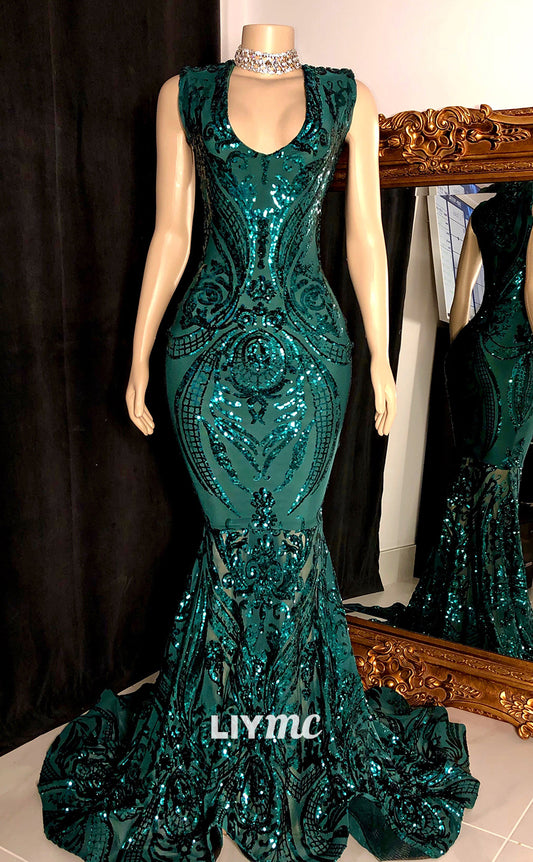 LP1405 - V-Neck Sleeveless Sparkly Sequins Appliques Mermaid Prom Dress for Black Girls