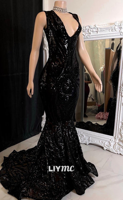 LP1405 - V-Neck Sleeveless Sparkly Sequins Appliques Mermaid Prom Dress for Black Girls