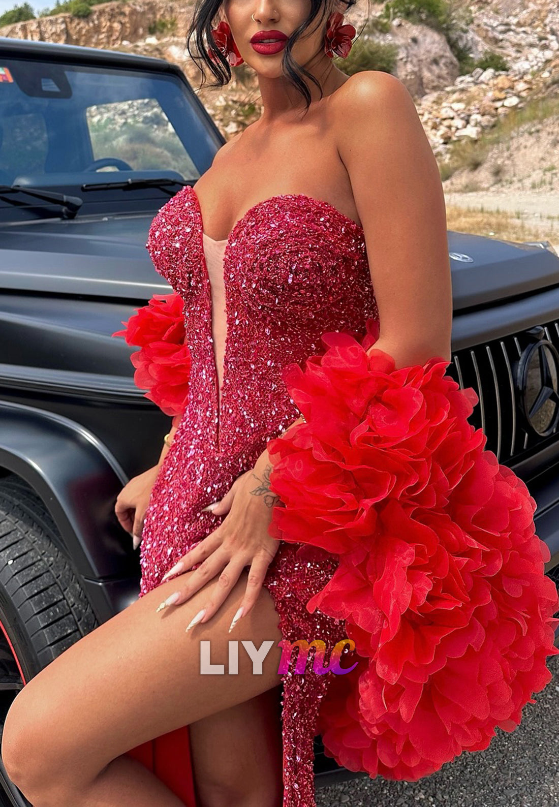 V-Neck Sleeveless Sparkly Side Slit Sheath Prom Dress