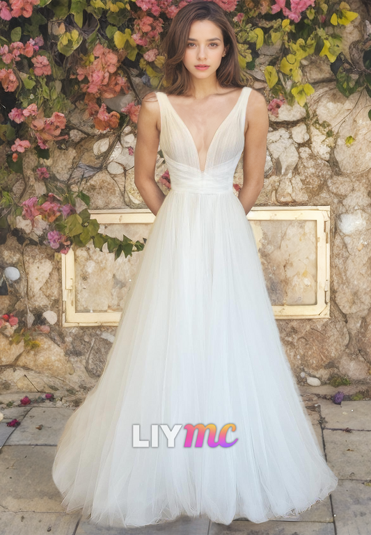 V-Neck Sleeveless Tulle A-Line Wedding Dress