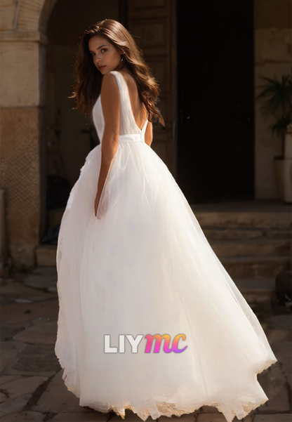 V-Neck Sleeveless Tulle Pleated A-Line Beach Wedding Dress