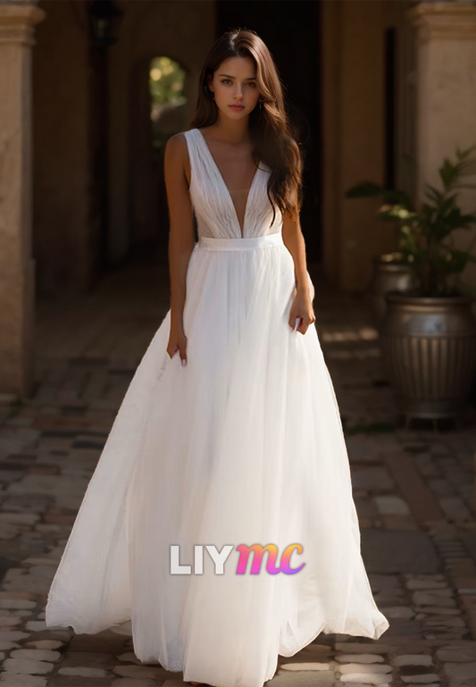 V-Neck Sleeveless Tulle Pleated A-Line Beach Wedding Dress