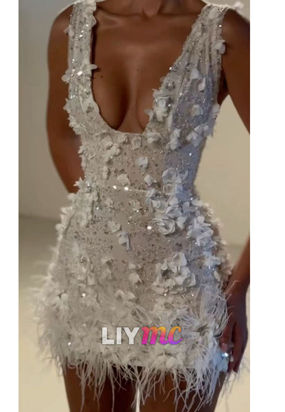 V-Neck Sleeves Feathered Sheath Appliques Wedding Dress