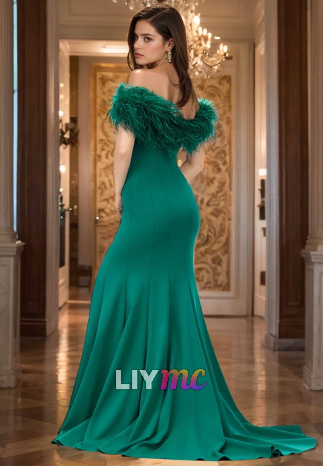 V-Neck Sleeves Feathered Sleek Sheath Prom Dress