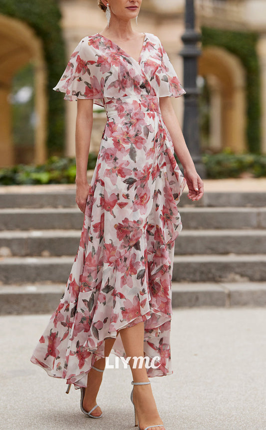 M1192 - V-Neck Sleeves Floral A-Line Chiffon Mother of Bride Cocktail Dress