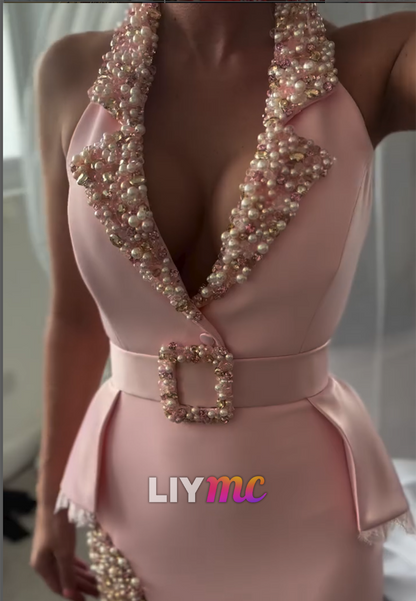 V-Neck Sleeveless Pearl Beaded Side Slit Satin Sheath Evening Dress