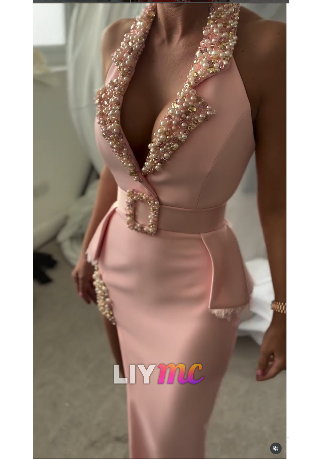 V-Neck Sleeveless Pearl Beaded Side Slit Satin Sheath Evening Dress