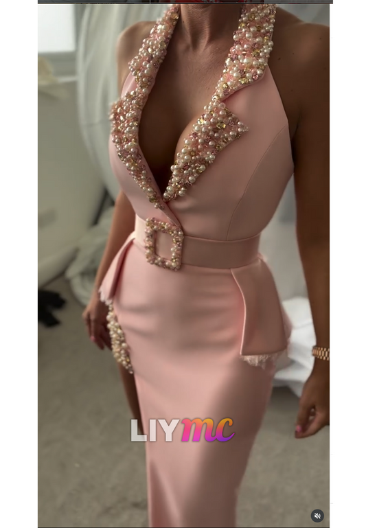 V-Neck Sleeveless Pearl Beaded Side Slit Satin Sheath Evening Dress