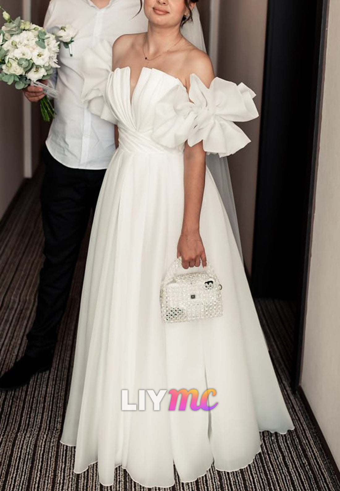 V-Neck Sleeves Pleated Side Slit A-Line Wedding Dress
