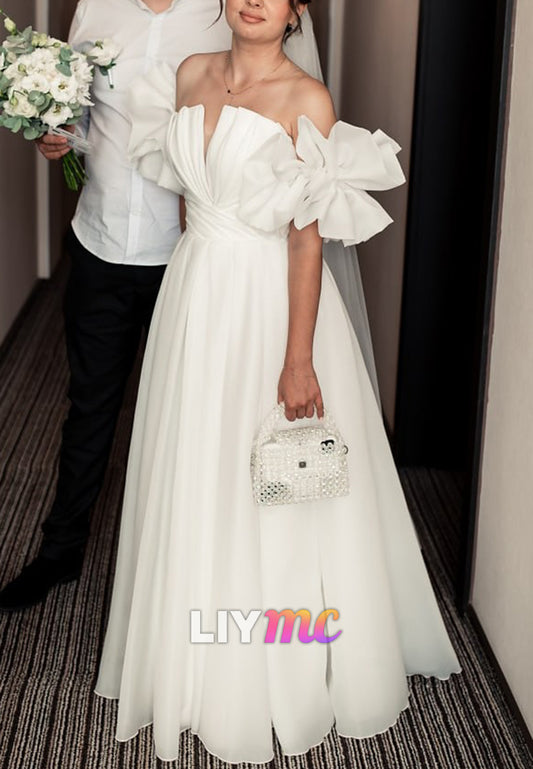 V-Neck Sleeves Pleated Side Slit A-Line Wedding Dress