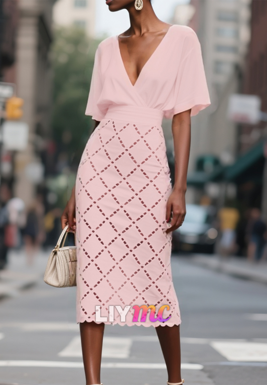 V-Neck Sleeves Sheath Pink Wedding Guest Dress