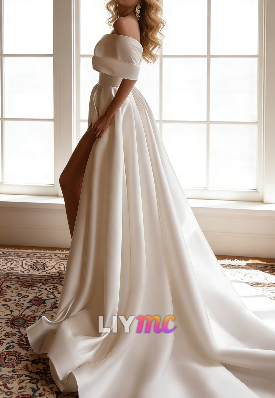 V-Neck Sleeves Side Slit Mikado Satin A-Line Wedding Dress