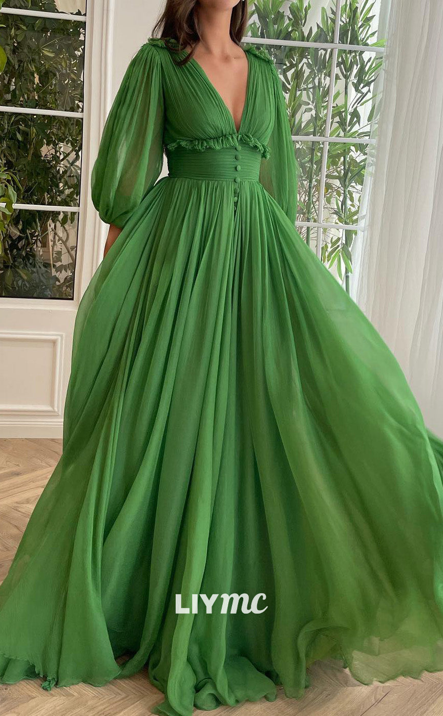 LP2099 - V-Neck Sleeves Tulle Empire Waist A-Line Prom Dress