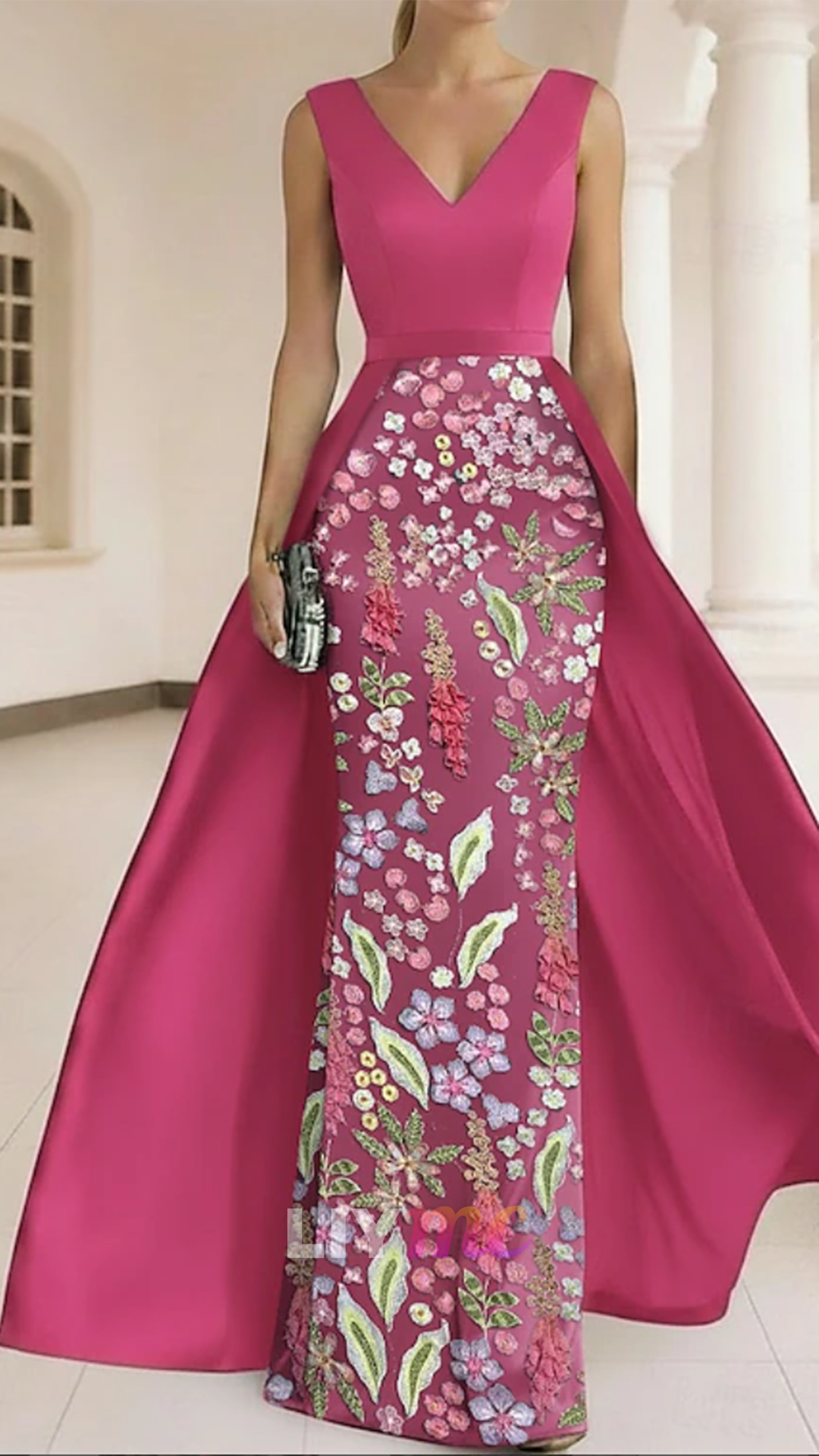 V-Neck Sleevless Appliques Satin Mermaid Mother of Bride Dress