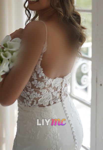 V-Neck Spaghetti Straps Appliqeus Mermaid Wedding Dress