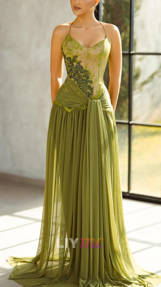 V-Neck Spaghetti Straps Appliques A-Line Prom Dress