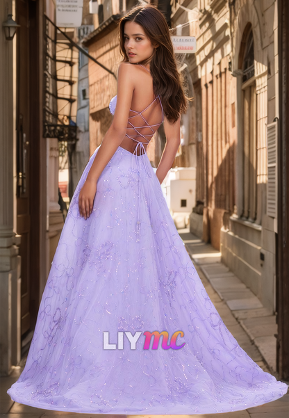 V-Neck Spaghetti Straps Appliques A-Line Prom Dress